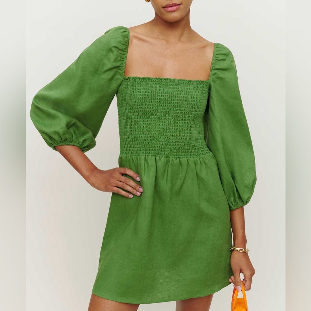 Reformation Greyson Linen Dress Kelly Green - Size L